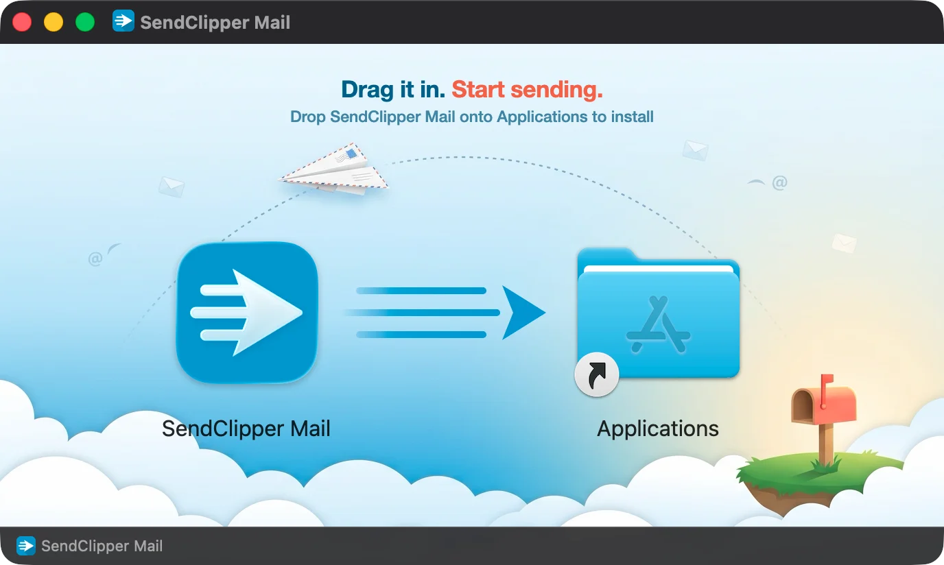 The SendClipper Mail installer window: the app icon on the left, an arrow, and the Applications folder on the right, under an illustrated sky with a paper plane.