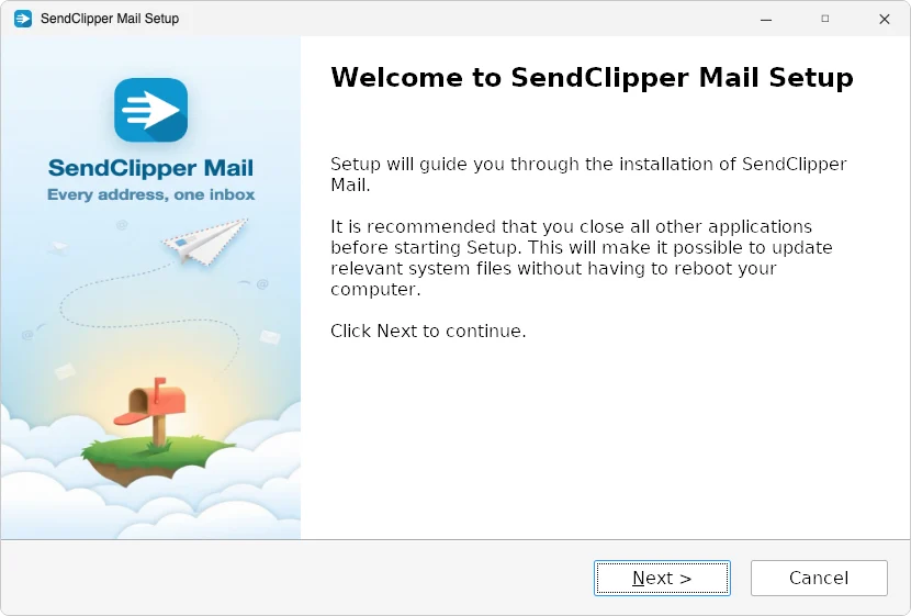 The SendClipper Mail installer window: an illustrated sidebar with the app icon, a paper plane and a mailbox on a floating island, beside the Welcome text.
